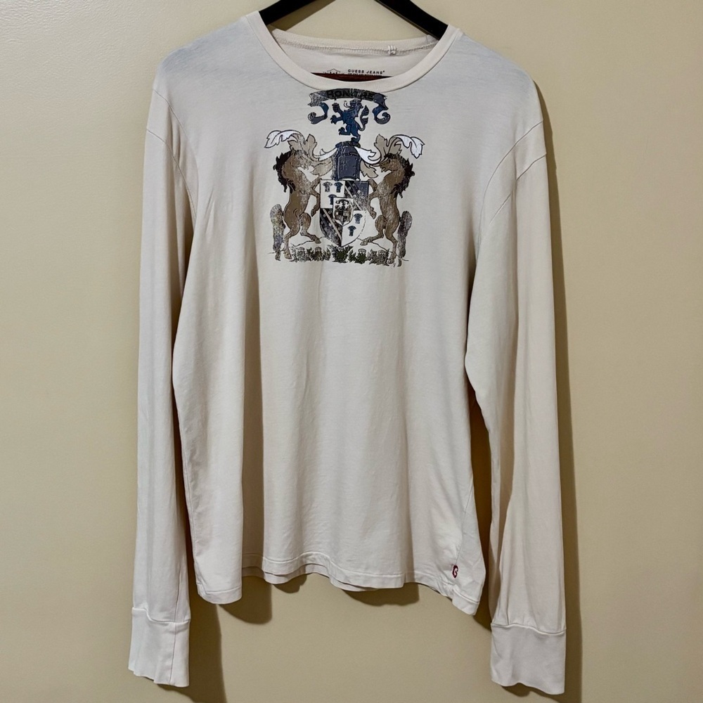 Guess| Men’s Y2K Honore Coat of Arms Cream Long Sleeve Knit Shirt Sz XL